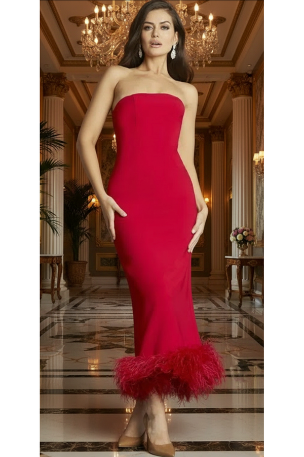 The Jovani 09630 Red Strapless Feather Hem Formal Gown