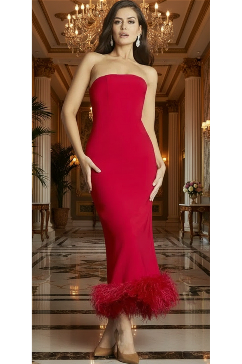 The Jovani 09630 Red Strapless Feather Hem Formal Gown