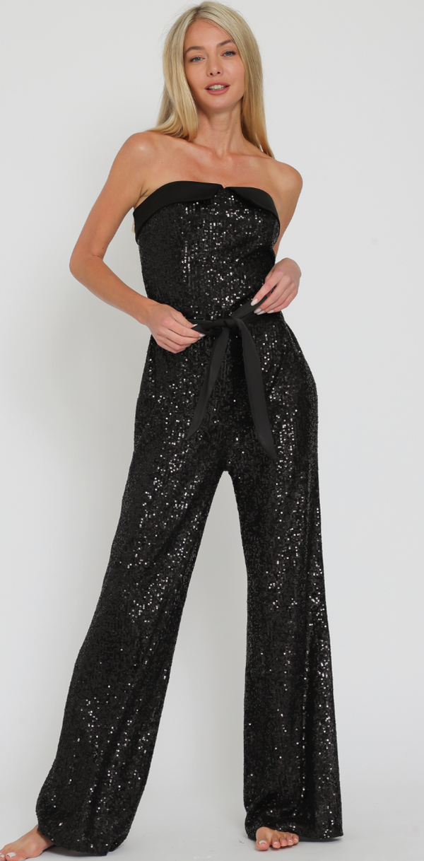 Pre-Order The Devon Black Sequin Strapless Tie Waist Jumpsuit