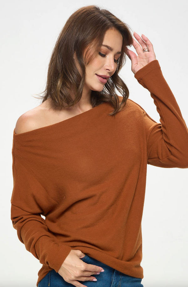 The Michelle Rust Off The Shoulder Cozy Top