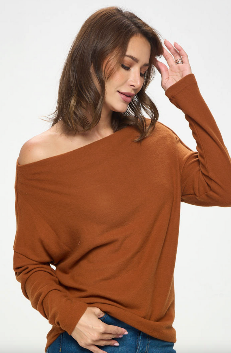 The Michelle Rust Off The Shoulder Cozy Top