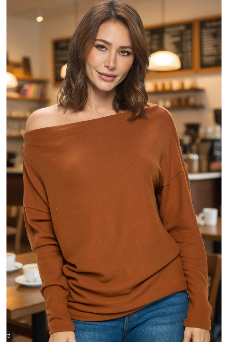 The Michelle Rust Off The Shoulder Cozy Top