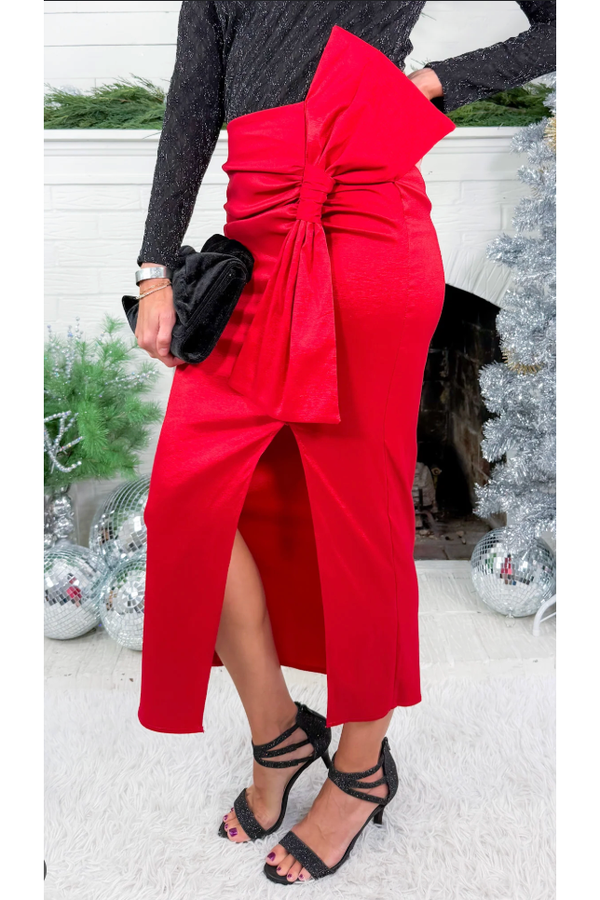 The Bow Red Stretch Taffeta Midi Skirt