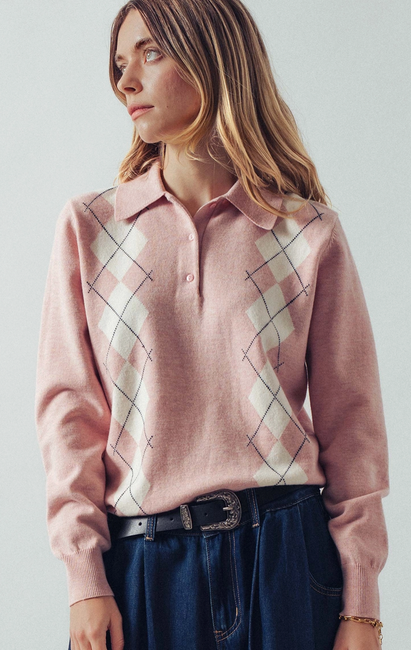 The Charlie Pink Argyle Knit Polo Sweater