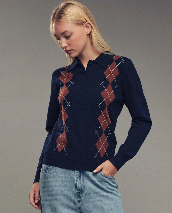 The Charlie Navy Argyle Knit Polo Sweater