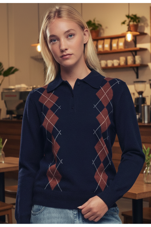 The Charlie Navy Argyle Knit Polo Sweater