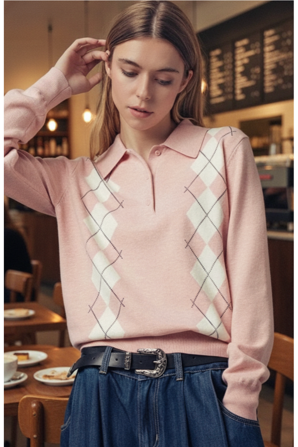 The Charlie Pink Argyle Knit Polo Sweater