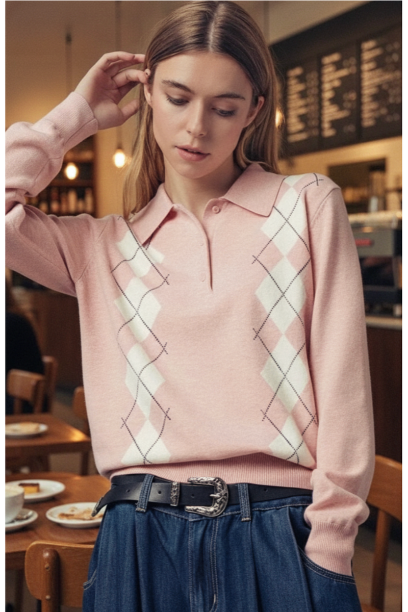 The Charlie Pink Argyle Knit Polo Sweater