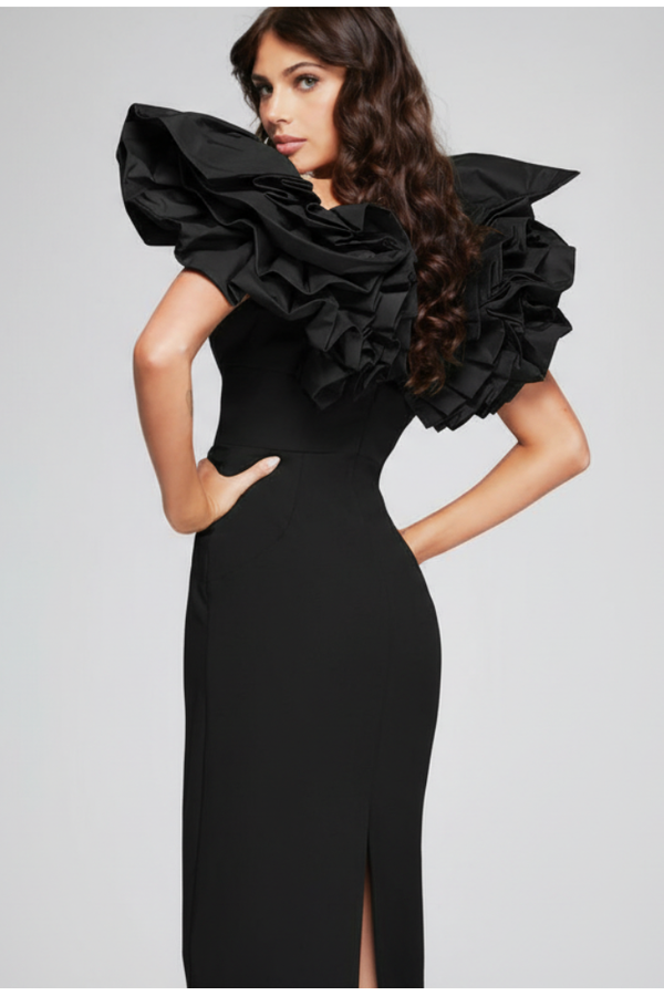 jovani midi dress The Jovani 40662 Black Ruffle Sleeve Formal Midi Dress 8