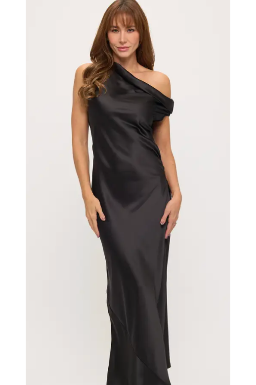 The Davina Black Drop Shoulder Satin Maxi Dress L
