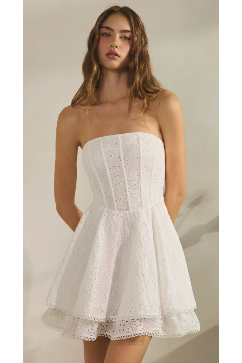 white strapless corset dress The Faye White Strapless Corset Eyelet Dress – Cason Couture