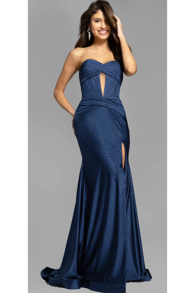 The Jovani 43419 Navy Strapless Cutout Corset Gown 6