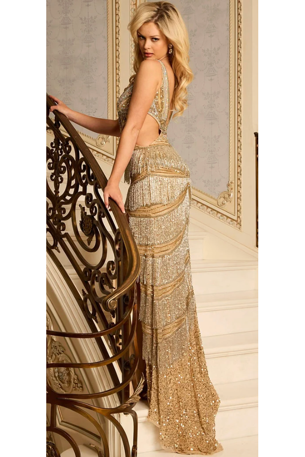 The Jovani 46095 Gold/Silver Cutout Beaded Fringe Gown – Cason Couture