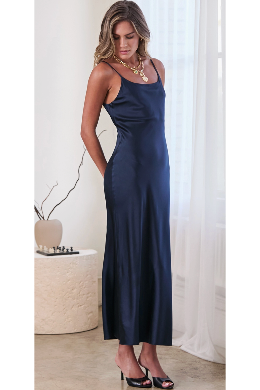 The Rachel Navy Silk Midi Slip Dress  Cason Couture