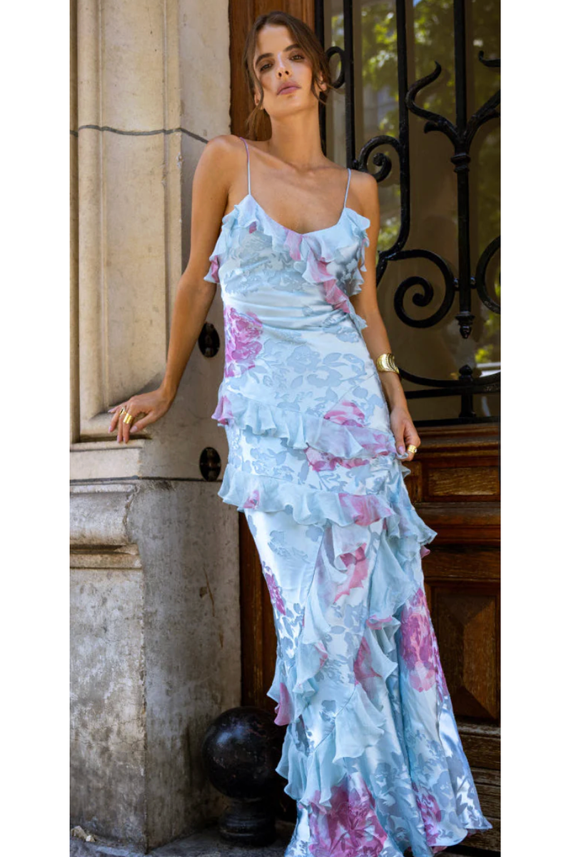 The Antibes Light Blue/Pink Silk Floral Ruffle Formal Maxi Dress M