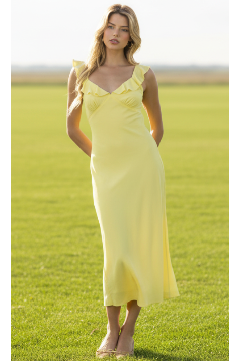 julie beans yellow dress The Julie Light Yellow Ruffle Midi Dress M