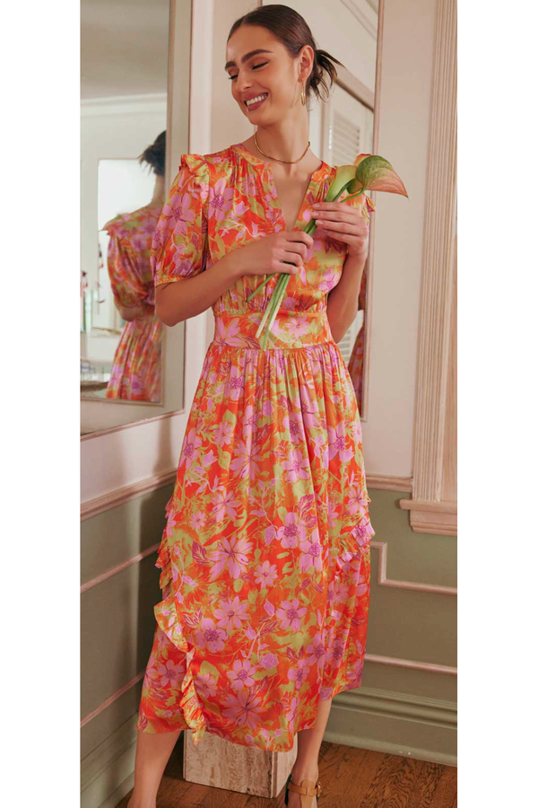 pink and orange floral midi dress The Charlotte Orange/Pink Floral Print Ruffle Midi Dress L