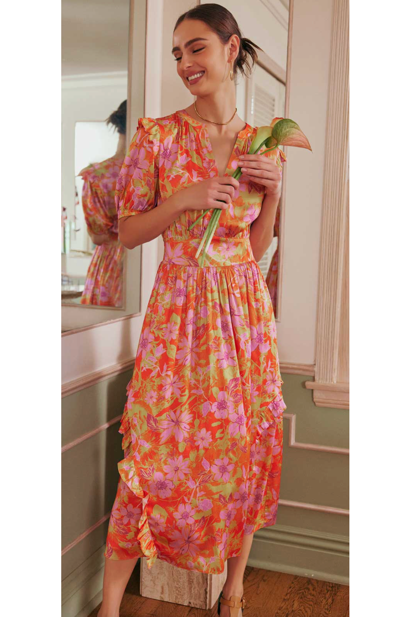 orange and pink ruffle dress The Charlotte Orange/Pink Floral Print Midi M material:Crochet This versatile A Line Open Back Size:Adult-XL