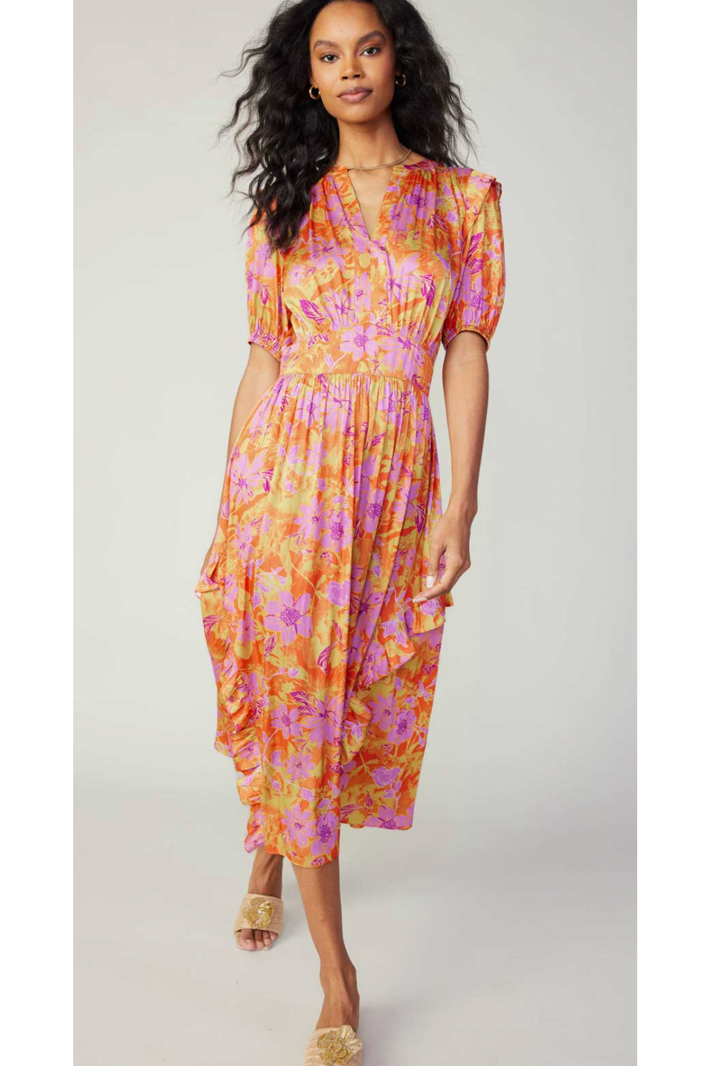The Charlotte Orange/Pink Floral Print Ruffle Midi Dress – Cason Couture