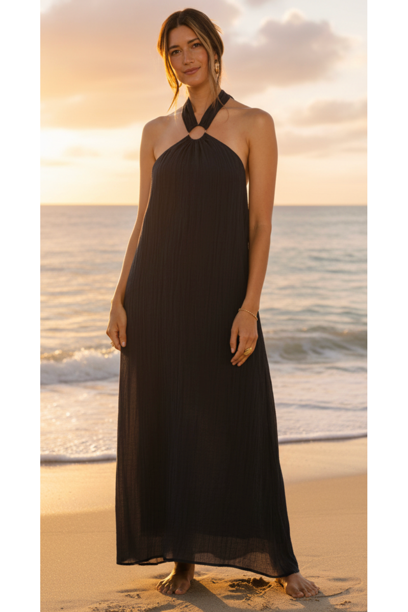 The Kauai Navy Blue Halter O-Ring Maxi Dress – Cason Couture