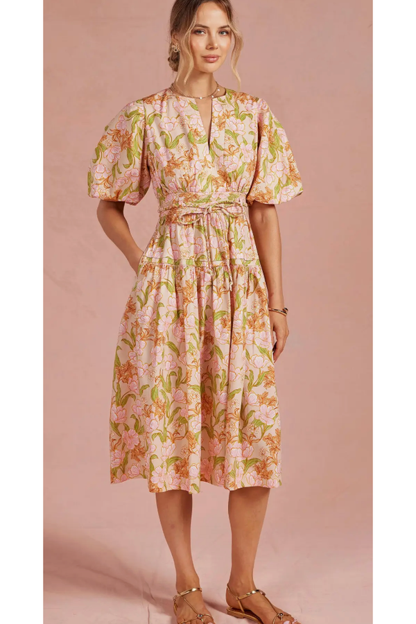 pintucked puff sleeve midi dress in floral The Bloom Blush Multi M airy feel with elegant Color:Porcelain Gold* Bloody_Corset A-Line Trench Shirt Maxi