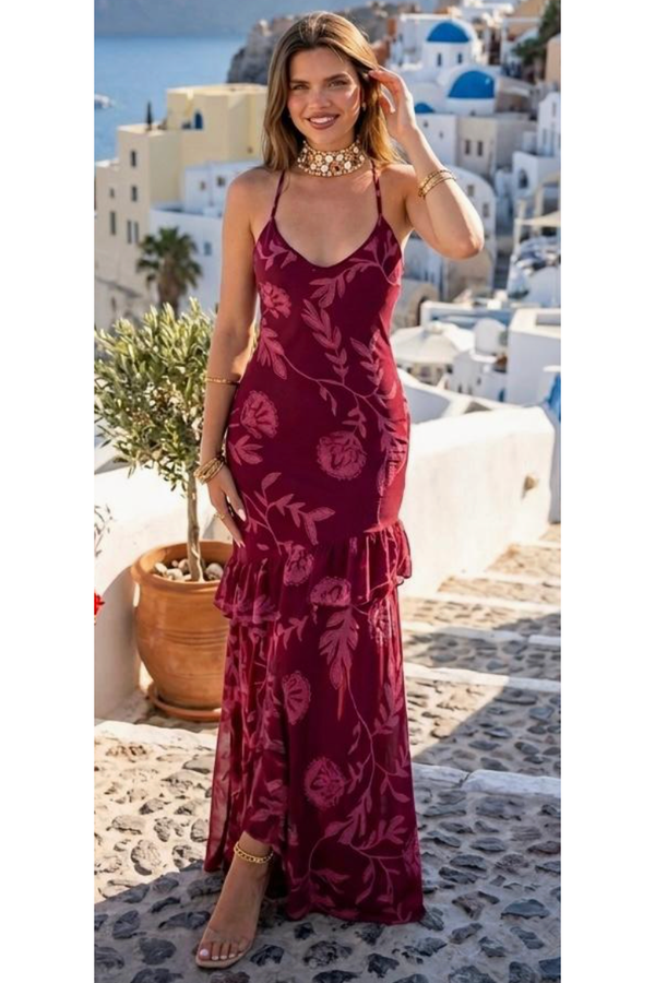 The Vivienne Burgundy Mesh Maxi Dress – Cason Couture