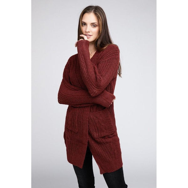 The Cozy Kitted Open Front Cardigan In Marsala Or Black