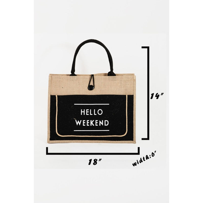 The Hello Weekend Burlap Tote Bag In Black, Ivory Or Pink