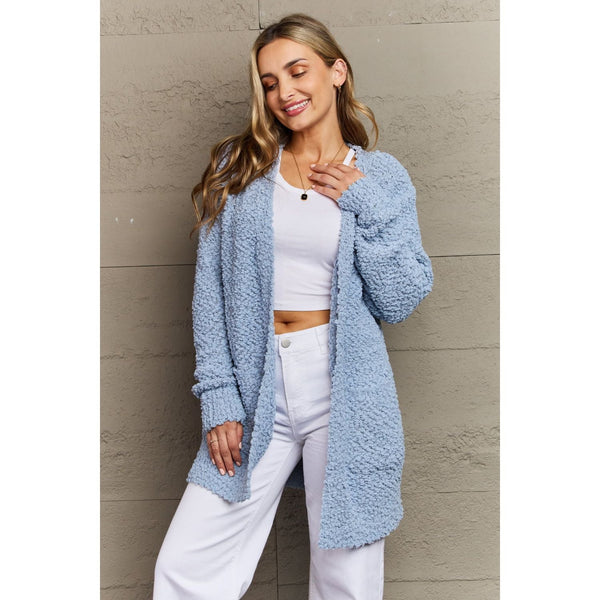 The Falling For You Dusty Blue Open Front Popcorn Cardigan