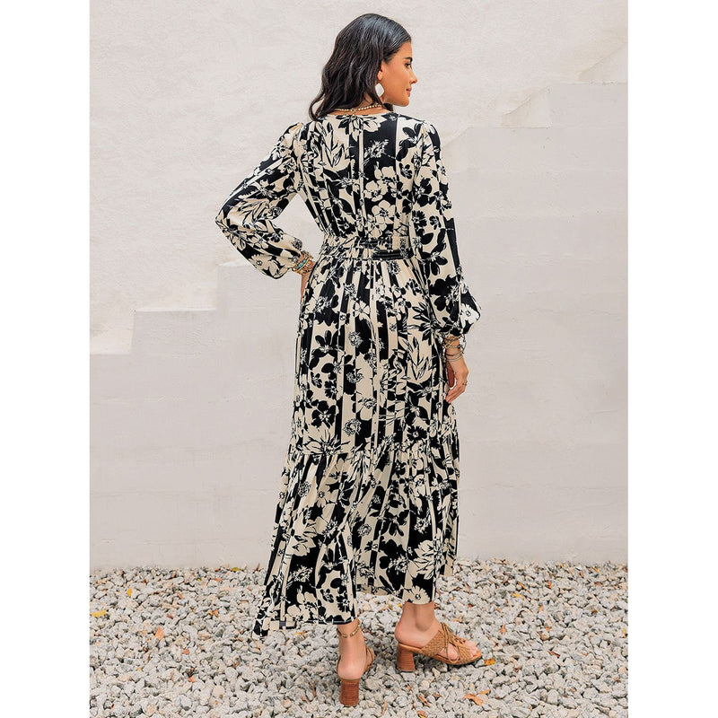 The Harvest Smocked Printed Tie Neck Long Sleeve Dress