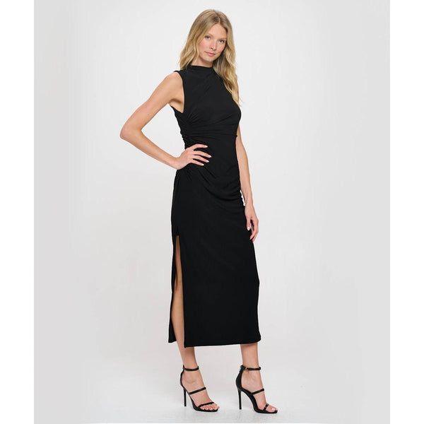 The Arden Black Sleeveless Side Gathered Midi Dress