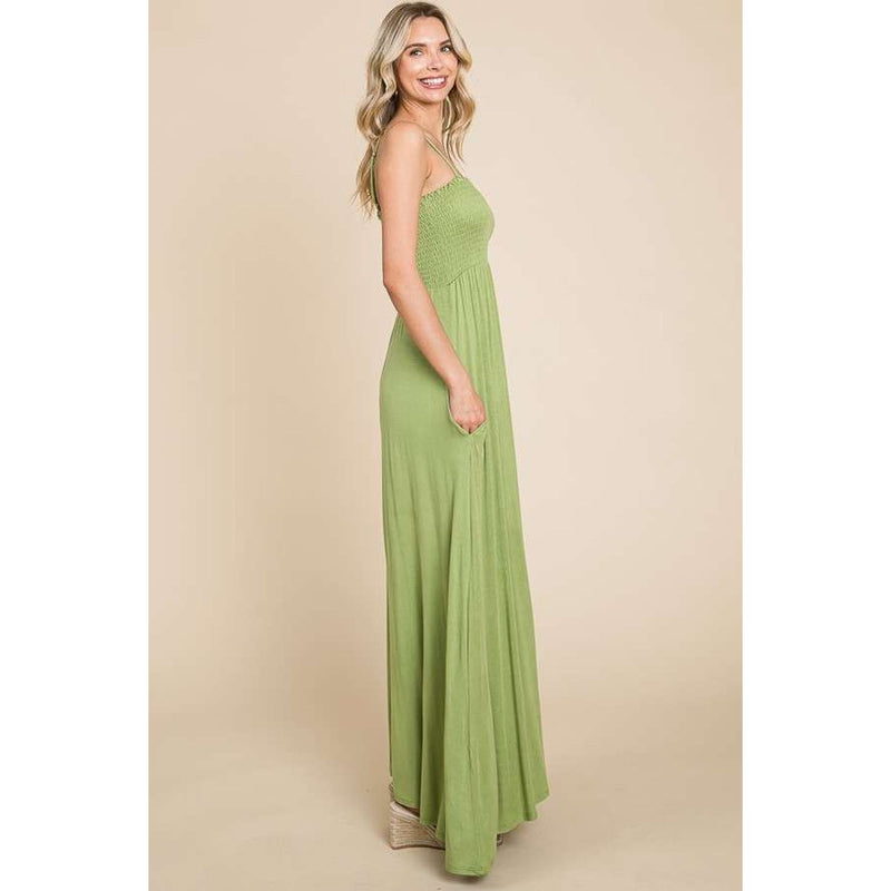 The Camille Green Smocked Cami Maxi Dress with Pockets