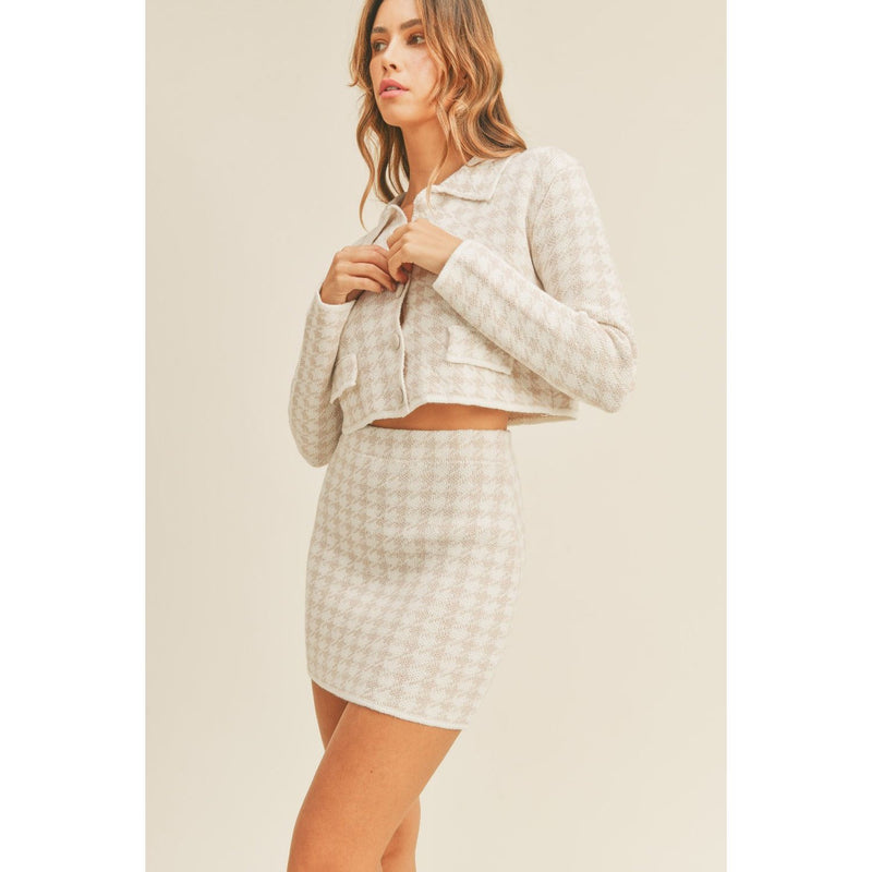 The Maggy Houndstooth Knit Cropped Cardigan and Mini Skirt Set