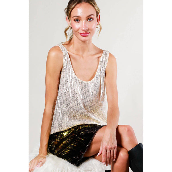 The Sparkle Champagne Scoop Neck Sequin Tank Top