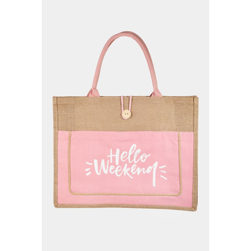 The Hello Weekend Burlap Tote Bag In Black, Ivory Or Pink