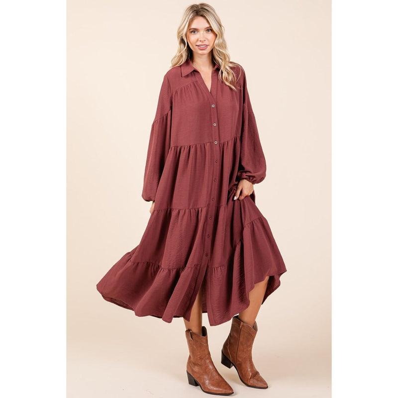 The Sierra Brown Tiered Button Down Midi Dress