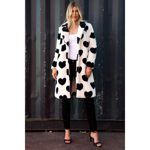 The Cupid Black/White Heart Print  Faux Fur Coat