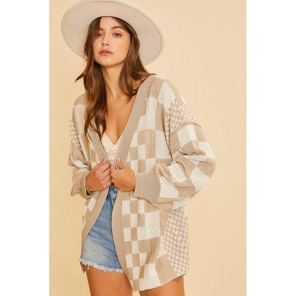 The Checkerboard Tan Open Front Cardigan