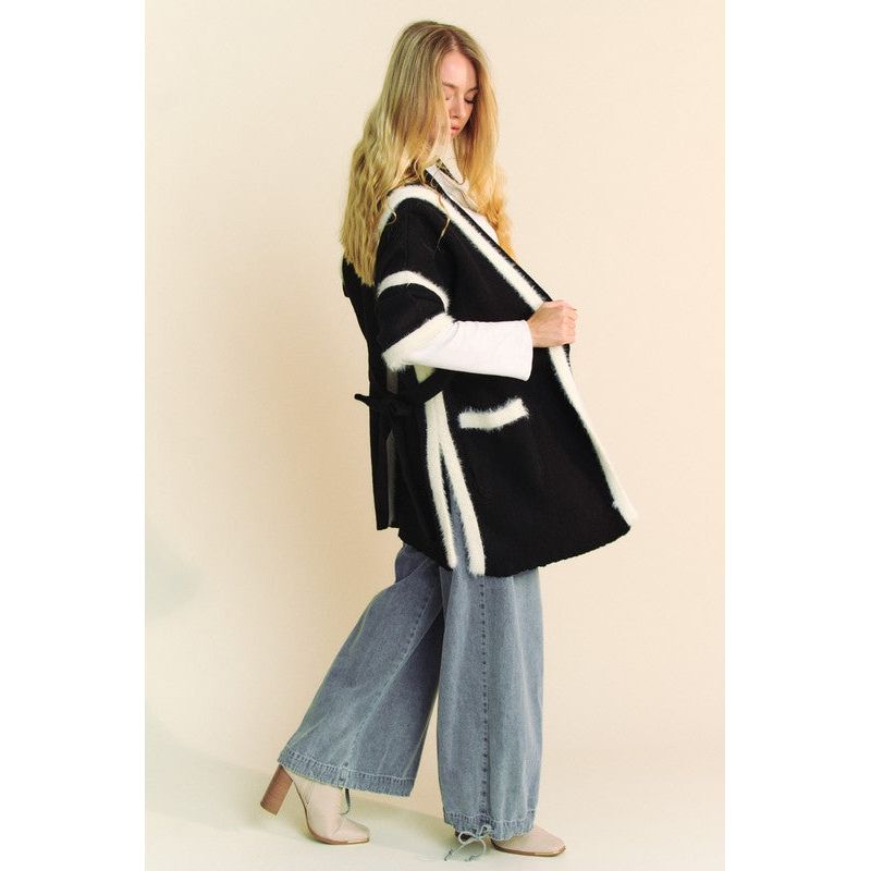 The Davi Black/White Fuzzy Trim Open Front Cardigan