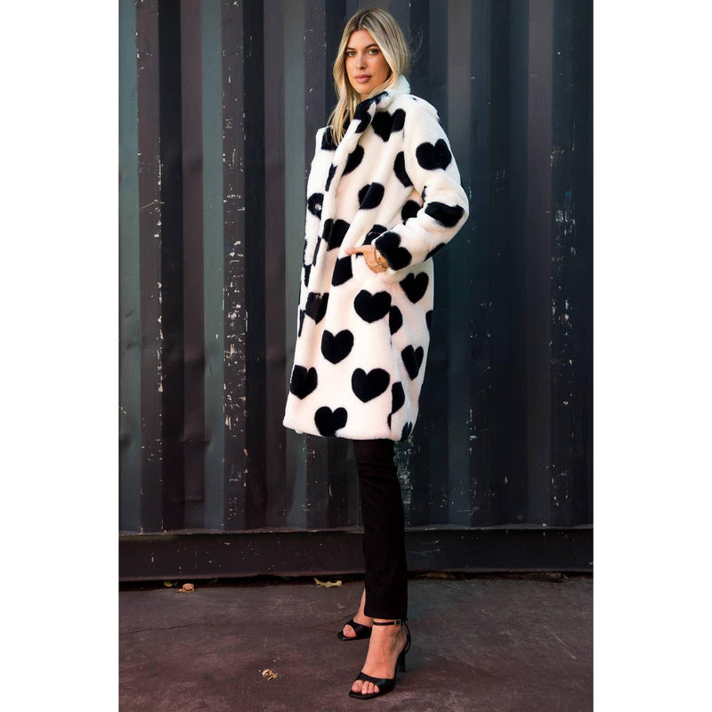 The Cupid Black/White Heart Print  Faux Fur Coat