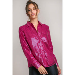 The Cherise Hot Pink Sequin Button Up Top