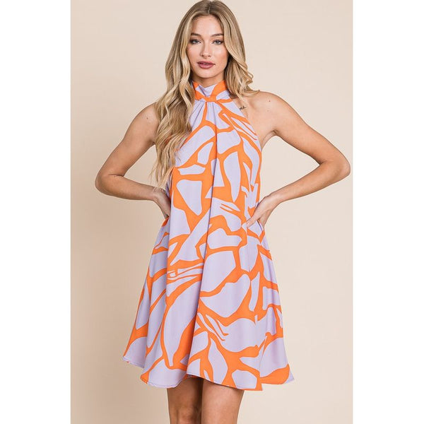 The Halter A-Line Orange/Lavender Print Mini Dress