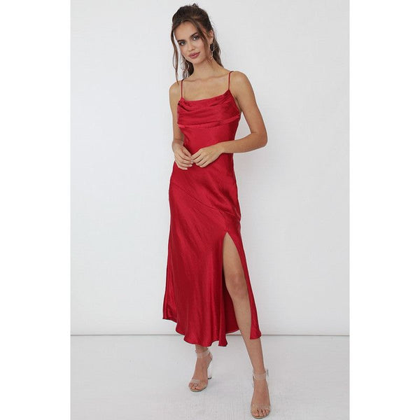 The Andora Red Satin Side Slit Midi Dress