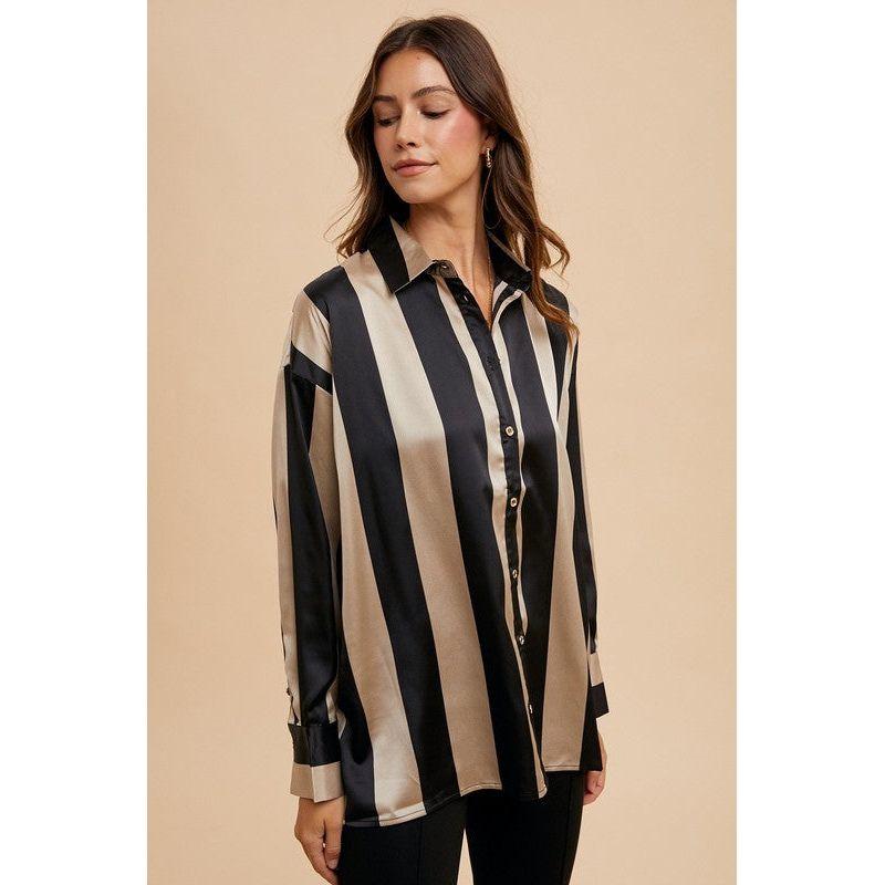 The Annie Black/Gold Striped Satin Button Up Shirt