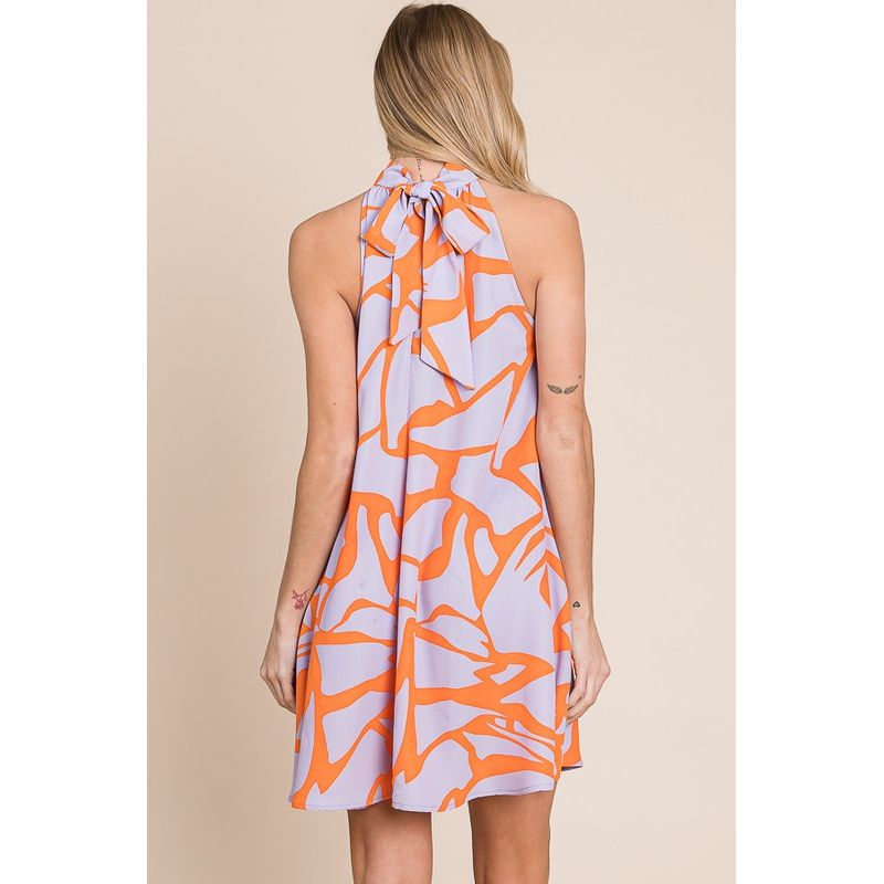 The Halter A-Line Orange/Lavender Print Mini Dress