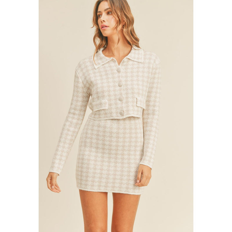 The Maggy Houndstooth Knit Cropped Cardigan and Mini Skirt Set