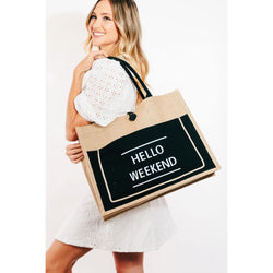 The Hello Weekend Burlap Tote Bag In Black, Ivory Or Pink