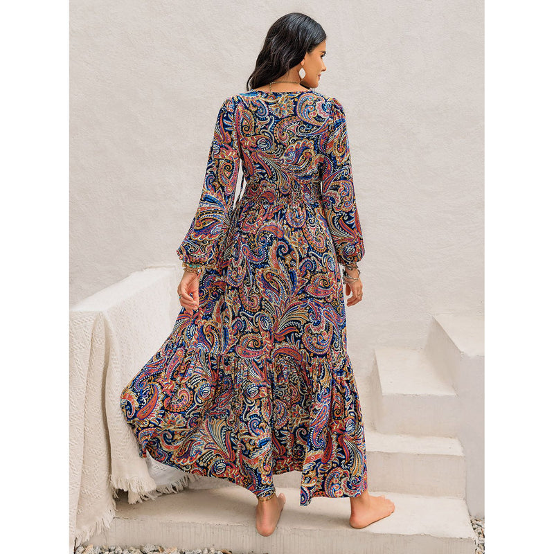 The Harvest Printed Tie Neck Long Sleeve Maxi Dress