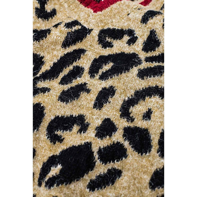 The Myra Leopard V-Neck Sweater with Red Detail