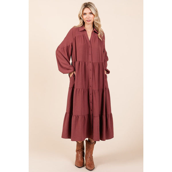 The Sierra Brown Tiered Button Down Midi Dress